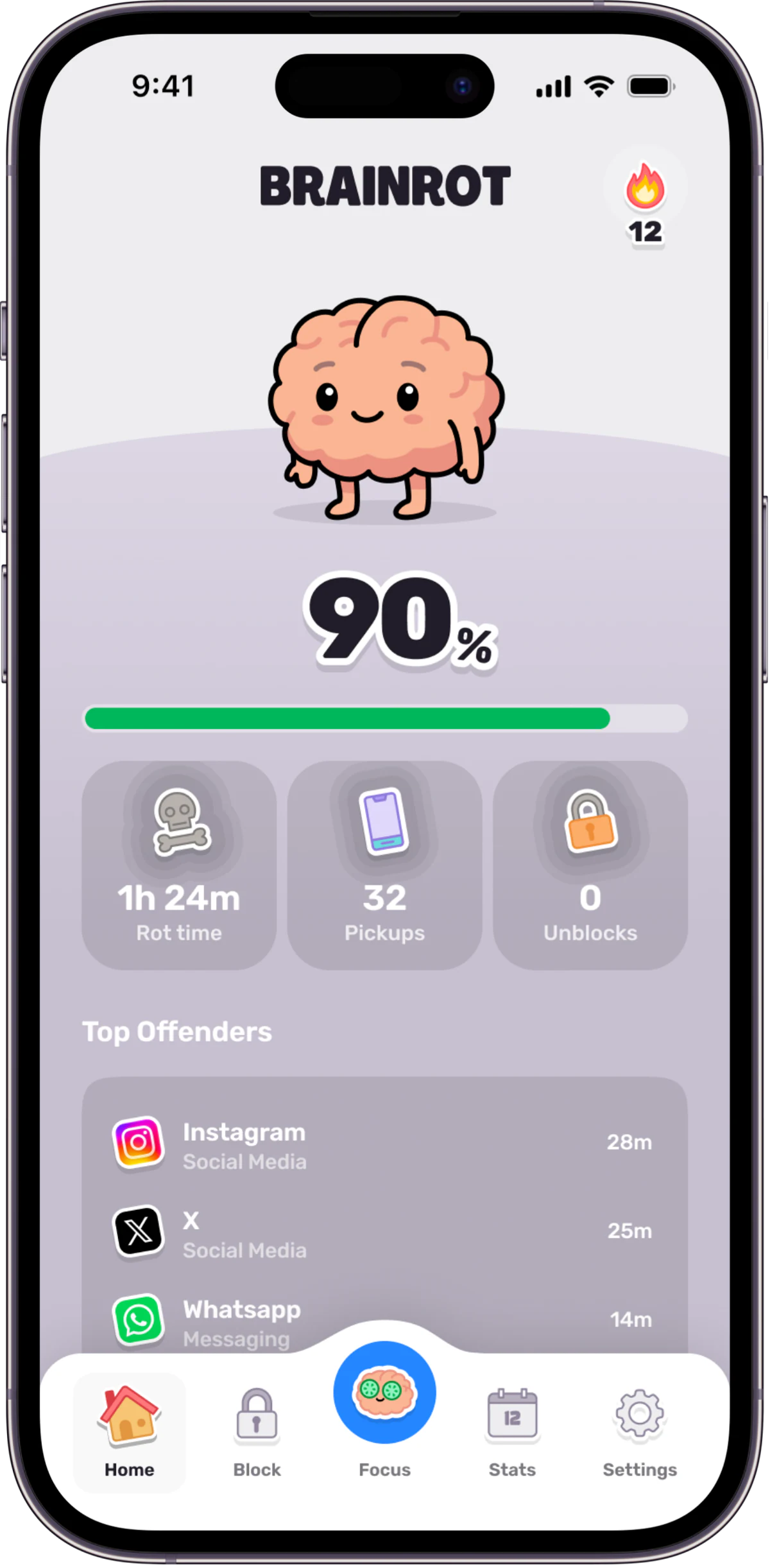 Brainrot app showing a focus timer